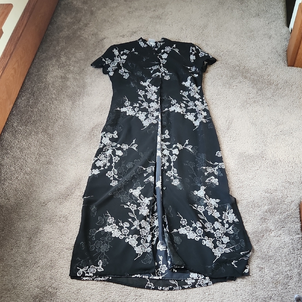 Emma James Black White Floral Print Maxi Dress Button Front Short Sleeve SIZE 6